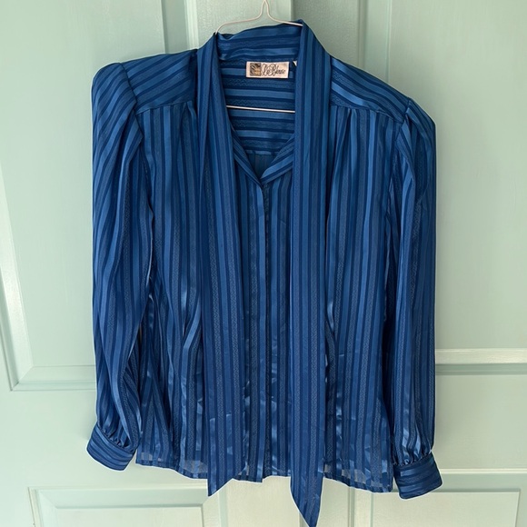 Vintage La Blouse Sheer Striped Button-up with Ties & Shoulder Pads - Picture 1 of 7